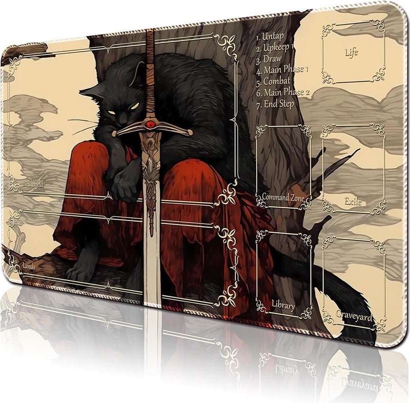 April Space MTG Playmat (Stitched) Size 24x14in Free Storage Bags - Ideal for Card Game Enthusiasts TCG Playmat Mouse Pad with Card Zones (Cat Swordsman,with Zone) - Image 1